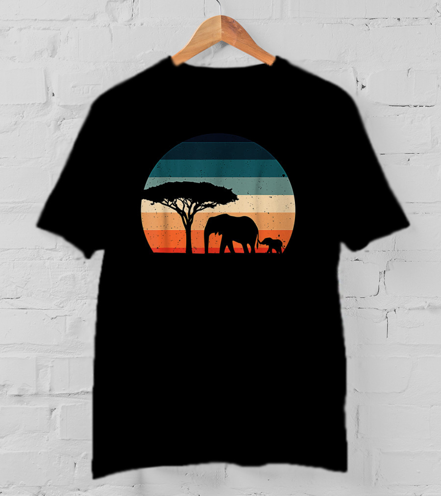 Elephant And Acacia Tree Silhouette Against Striped Vintage Sunset T-Shirt