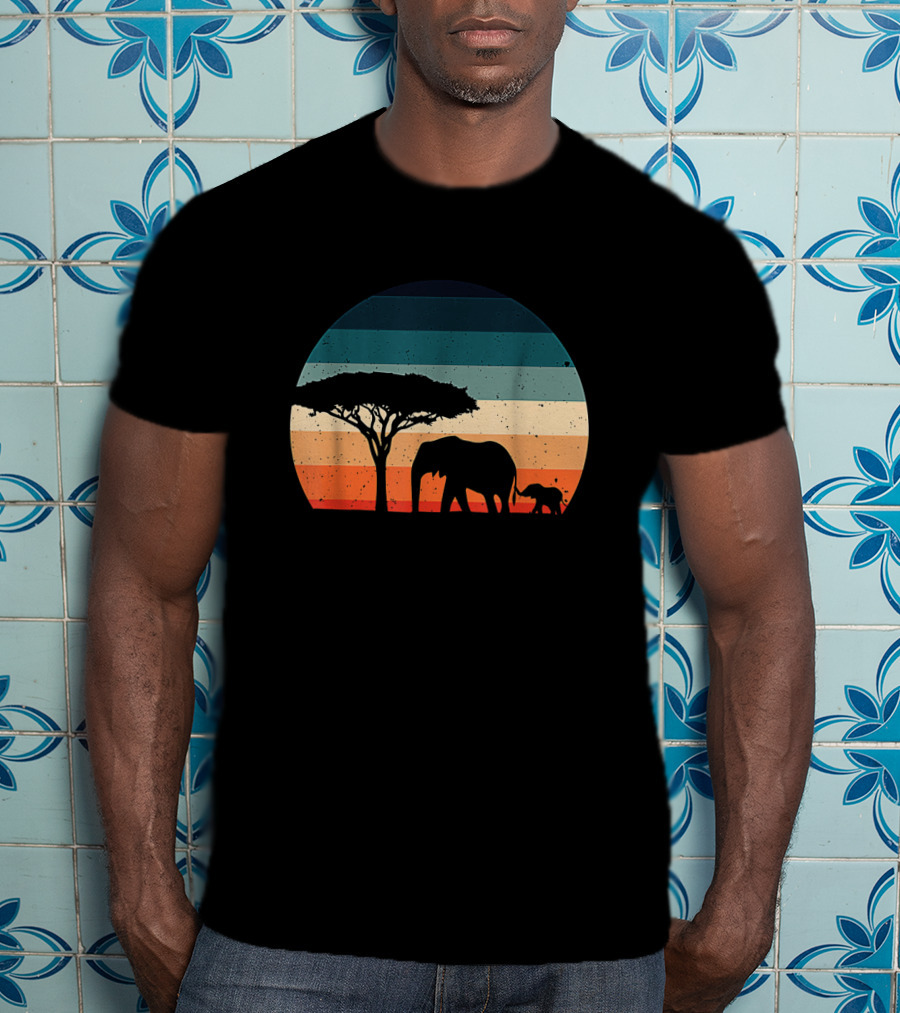 Elephant And Acacia Tree Silhouette Against Striped Vintage Sunset T-Shirt