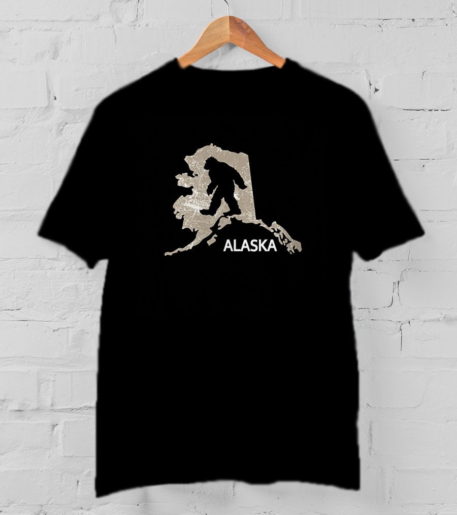Bigfoot Silhouette Over Map Of Alaska I Believe Loves AK Sasquatch T-Shirt