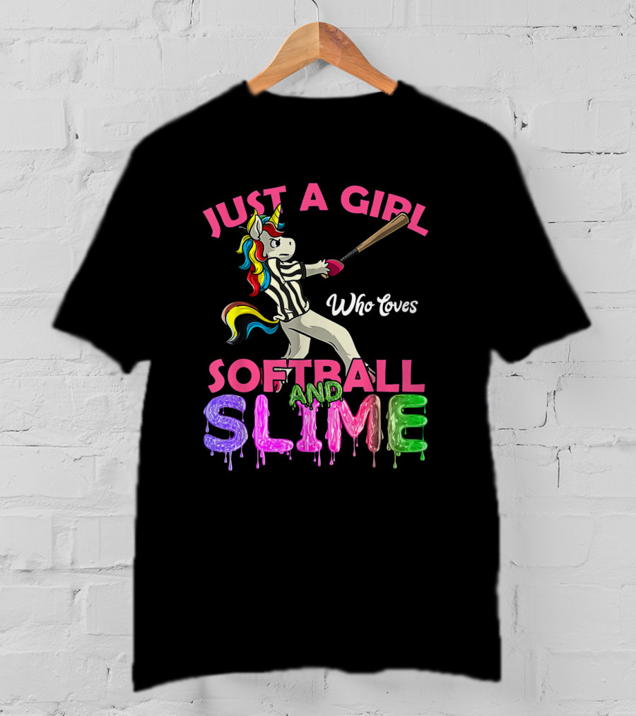 Just A Girl Who Loves Softball And Slime Unicorn With Colorful Bat-Wielding Character T-Shirt