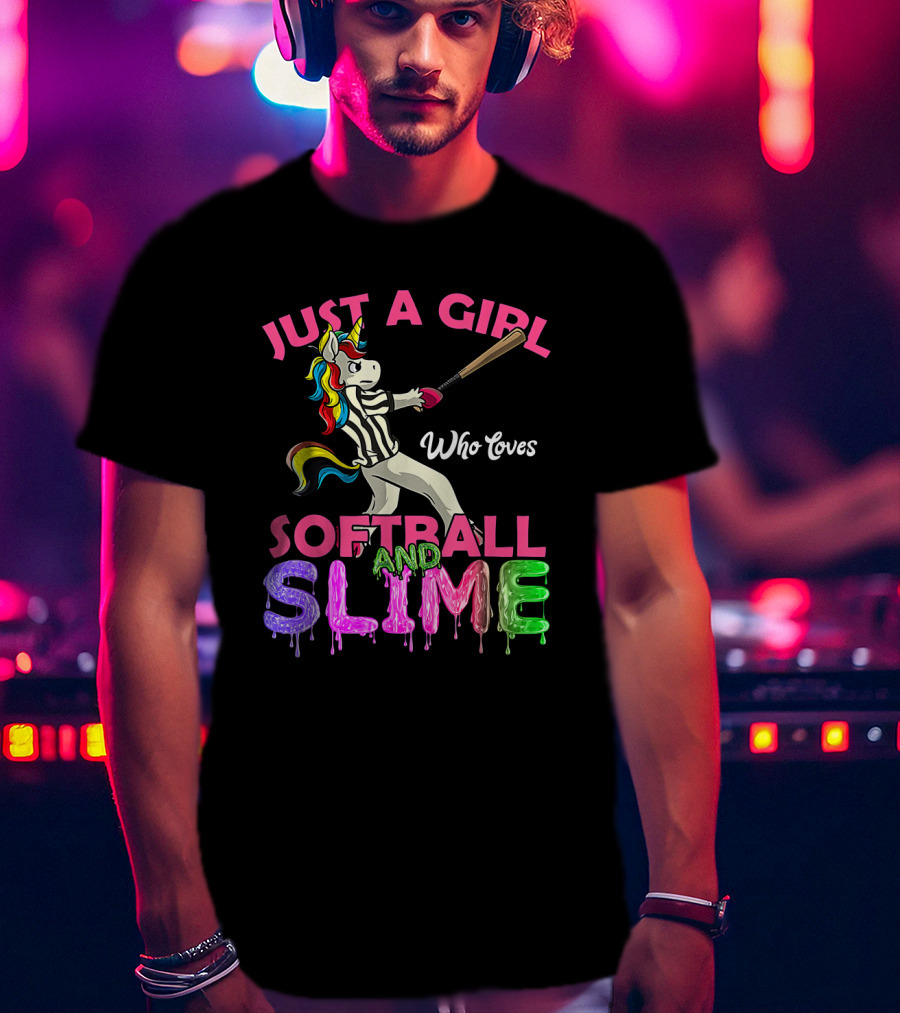 Just A Girl Who Loves Softball And Slime Unicorn With Colorful Bat-Wielding Character T-Shirt