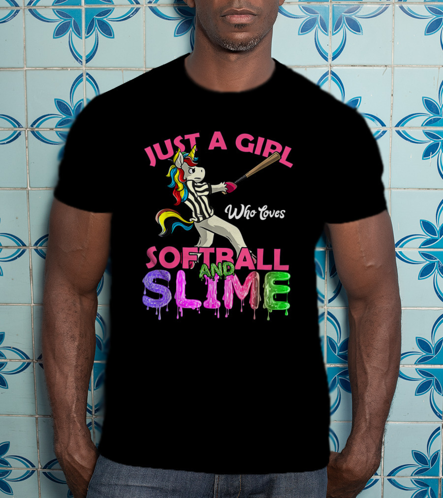 Just A Girl Who Loves Softball And Slime Unicorn With Colorful Bat-Wielding Character T-Shirt