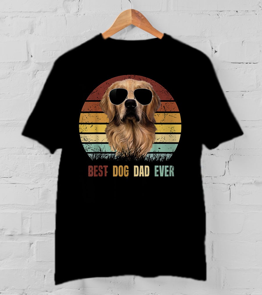Golden Retriever With Sunglasses Best Dog Dad Ever Vintage Stripes T-Shirt