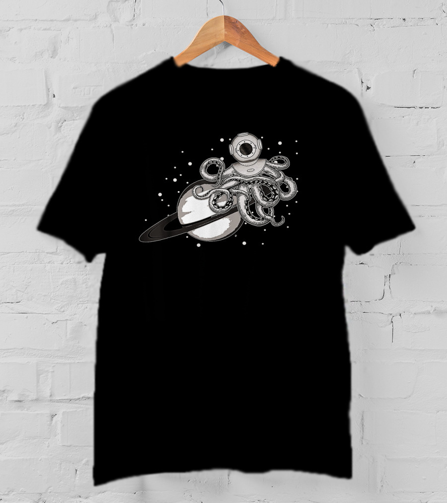 Steampunk Octopus With Diving Helmet Floating In Space By Ringed Planet T-Shirt