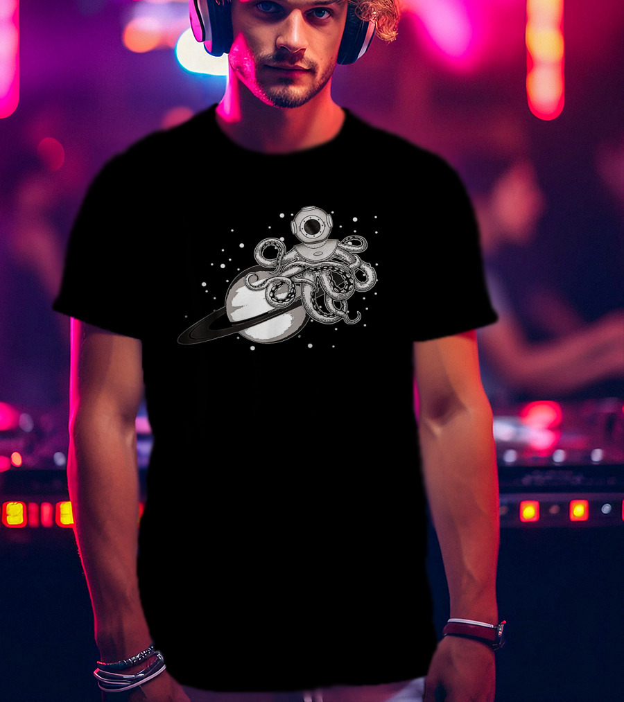 Steampunk Octopus With Diving Helmet Floating In Space By Ringed Planet T-Shirt