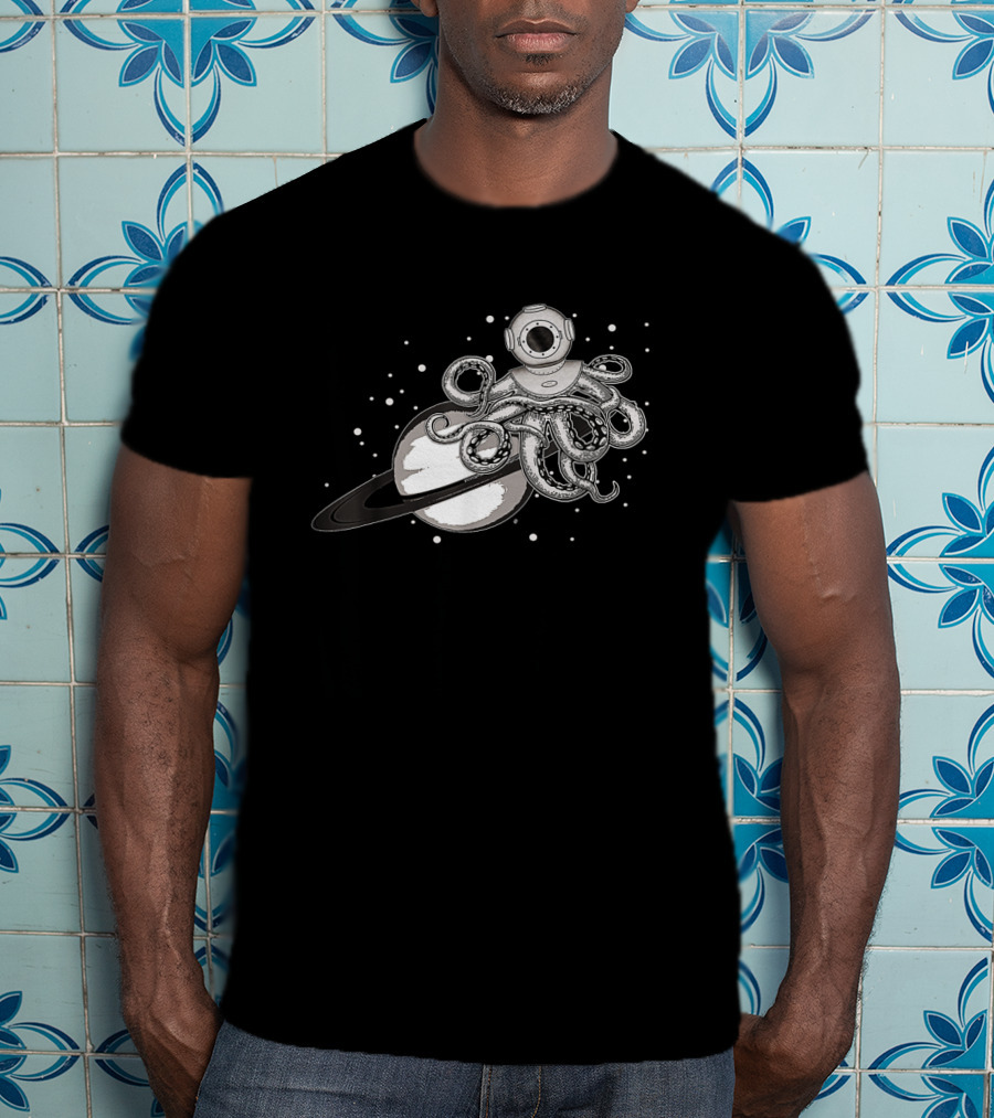 Steampunk Octopus With Diving Helmet Floating In Space By Ringed Planet T-Shirt