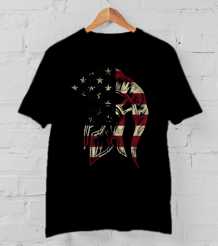 Spartan Trojan Warrior Helmet With American Flag Design And US Pride T-Shirt