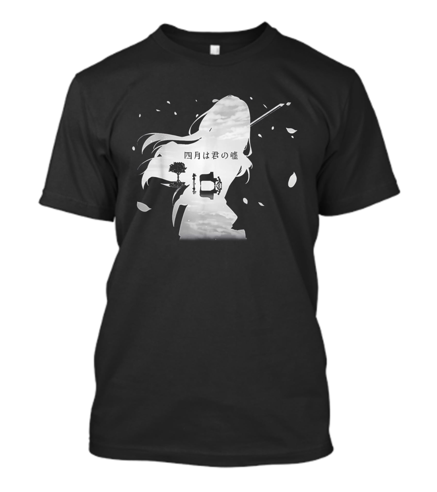 Your Lie In April Anime Piano And Violin Silhouette With Tree And Clouds T-Shirt