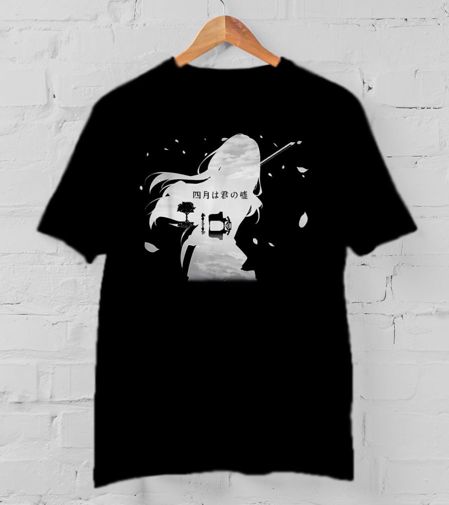 Your Lie In April Anime Piano And Violin Silhouette With Tree And Clouds T-Shirt