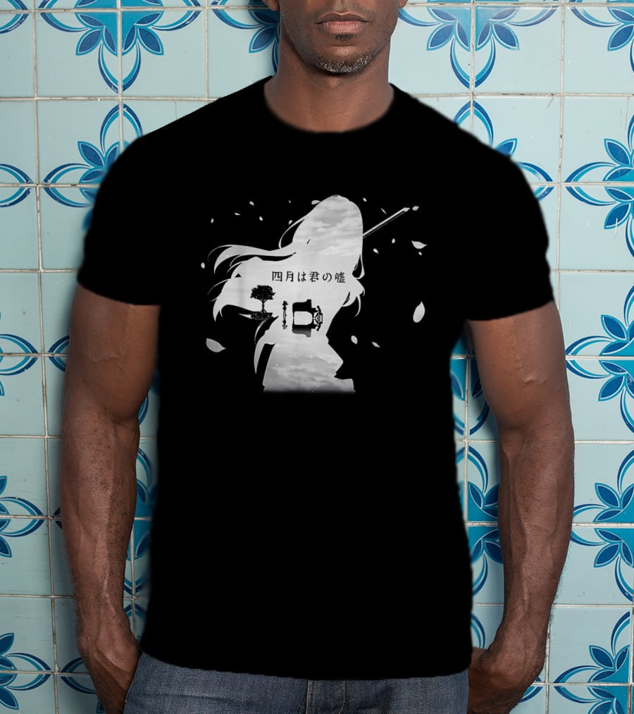 Your Lie In April Anime Piano And Violin Silhouette With Tree And Clouds T-Shirt