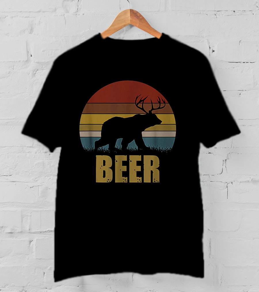Retro Deer Bear Silhouette With Antlers Sunset Design Beer T-Shirt