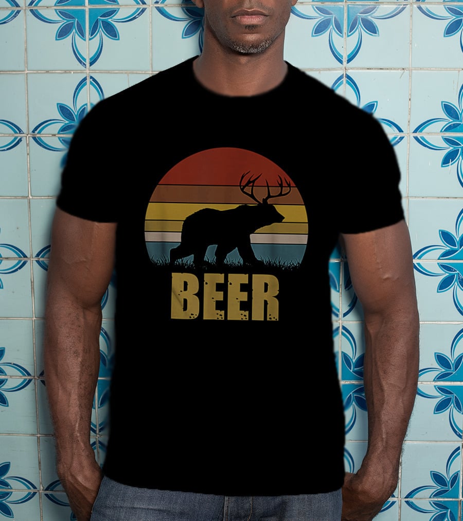 Retro Deer Bear Silhouette With Antlers Sunset Design Beer T-Shirt