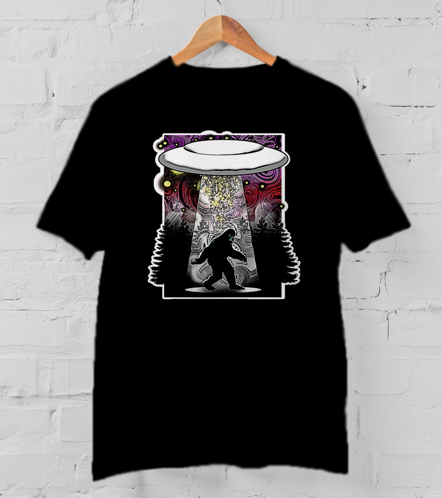 Extraterrestrial Flying Saucer Abducting Sasquatch In Psychedelic Forest Scene T-Shirt