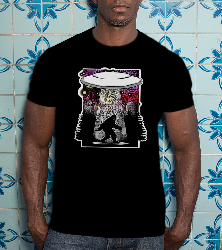 Extraterrestrial Flying Saucer Abducting Sasquatch In Psychedelic Forest Scene T-Shirt