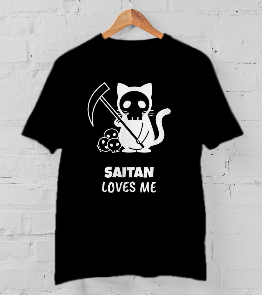 Saitan Katze Loves Me Cartoon Grim Reaper Skull 666 Der Tod T-Shirt
