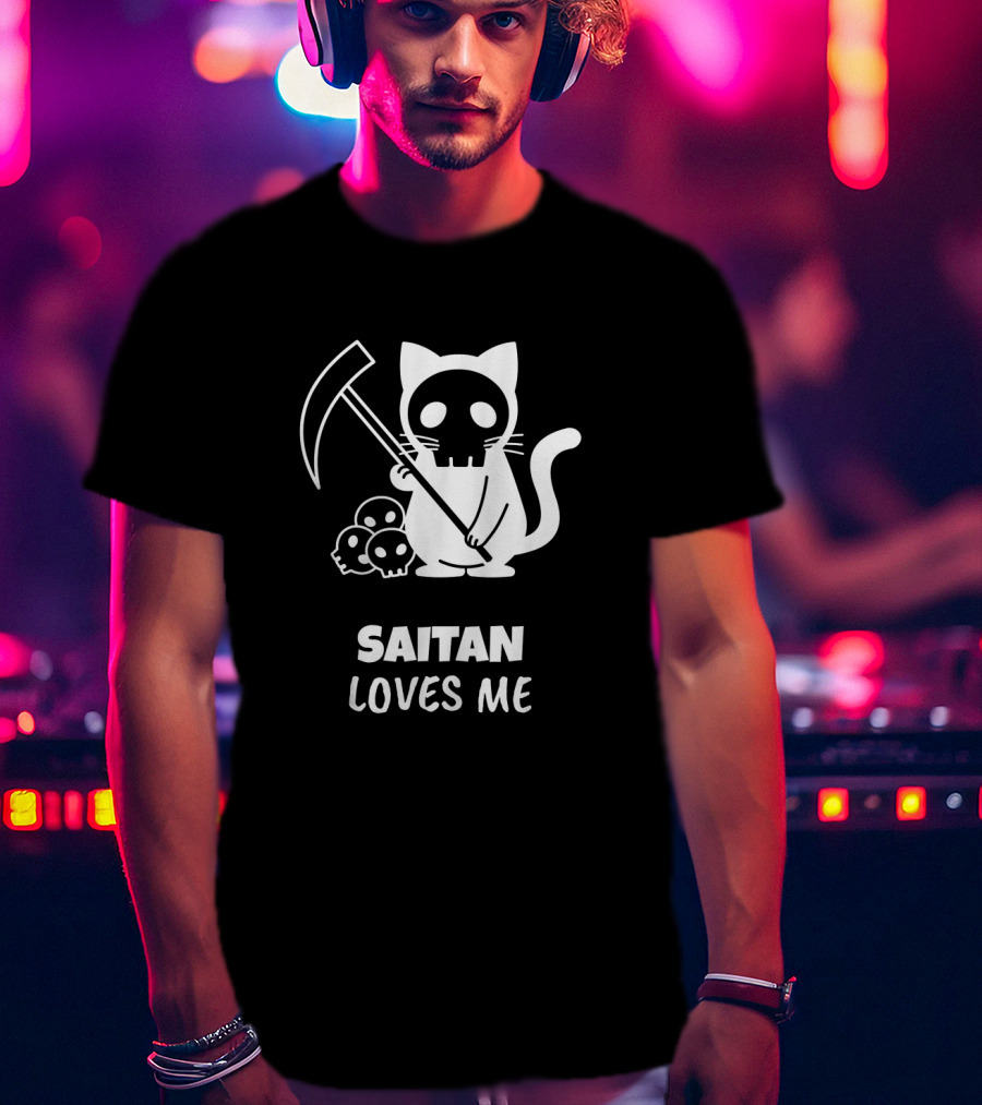 Saitan Katze Loves Me Cartoon Grim Reaper Skull 666 Der Tod T-Shirt