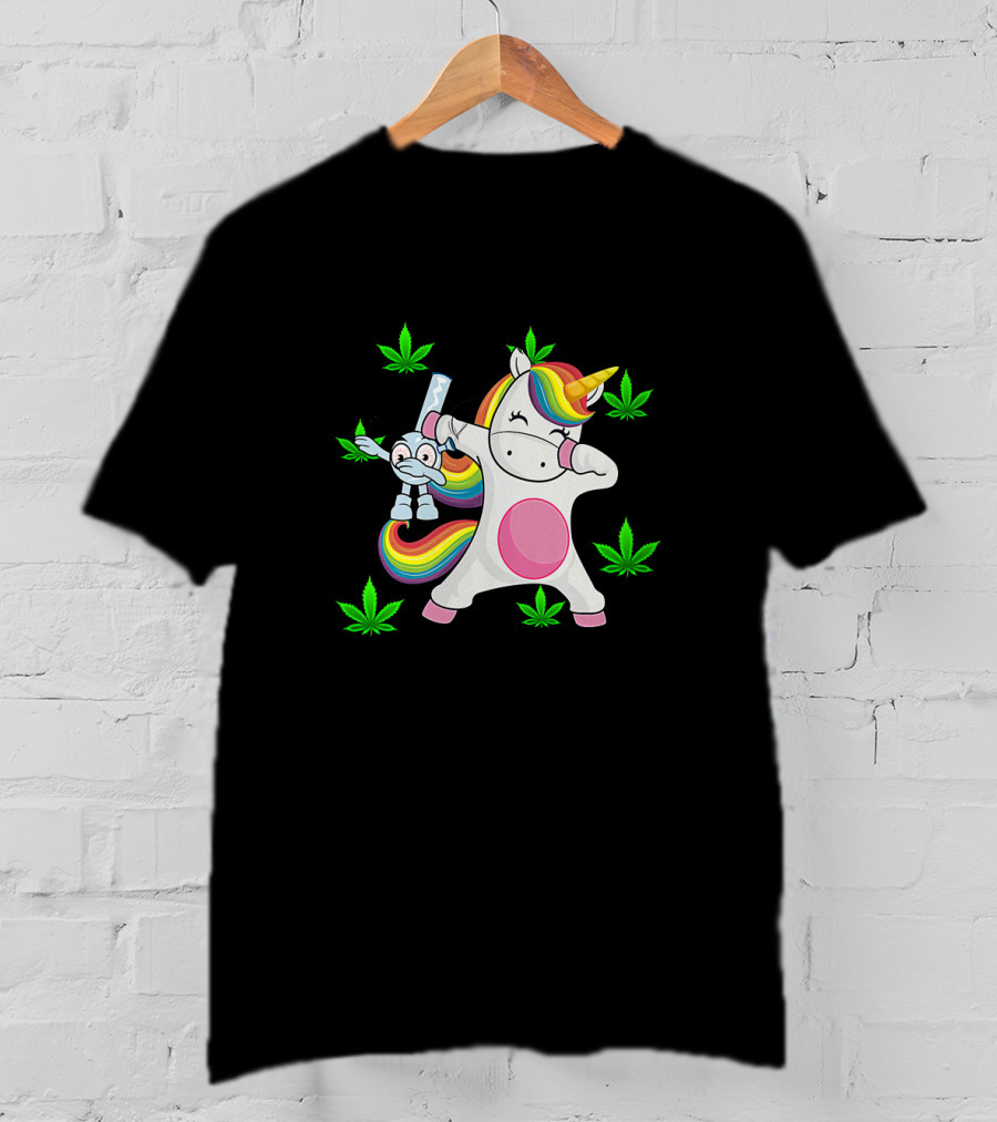 Unicorn Dab With Rainbow Bong Surrounded By Marijuana Leaves T-Shirt