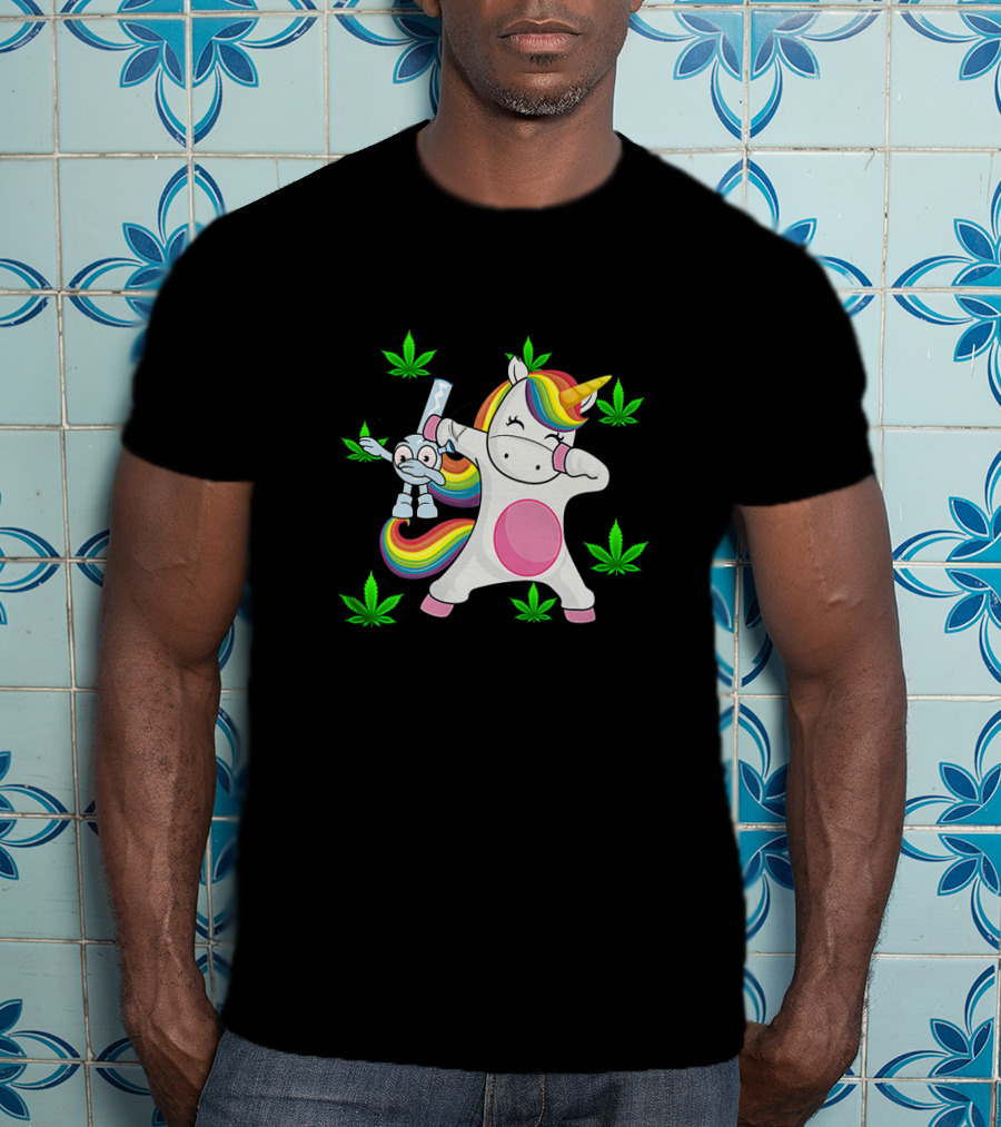 Unicorn Dab With Rainbow Bong Surrounded By Marijuana Leaves T-Shirt