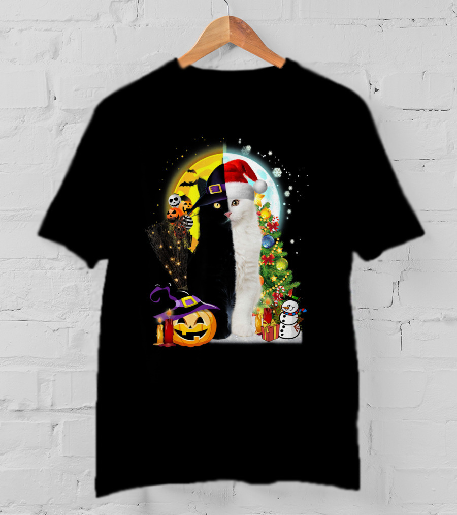 Black And White Cat Halloween Pumpkin Witch Hat And Merry Christmas Tree Santa Hat Snowman T-Shirt