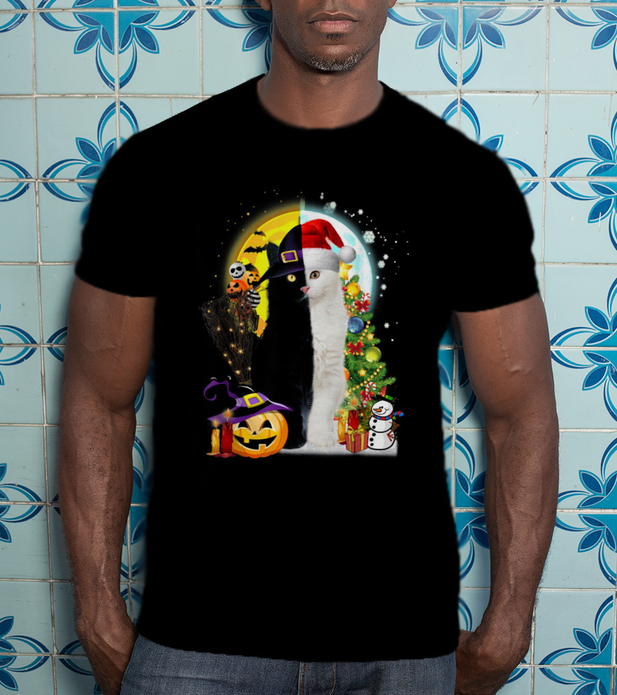 Black And White Cat Halloween Pumpkin Witch Hat And Merry Christmas Tree Santa Hat Snowman T-Shirt