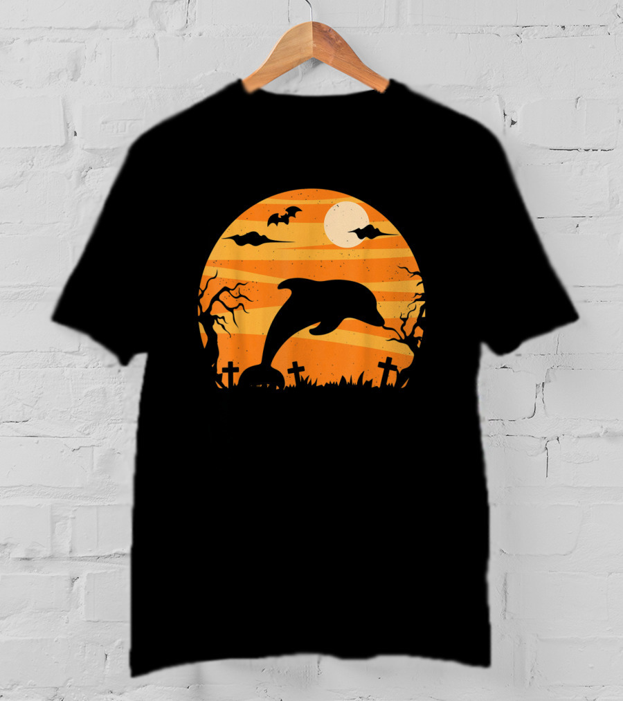 Dolphin Halloween Moon Graveyard Scene With Bats And Trees T-Shirt