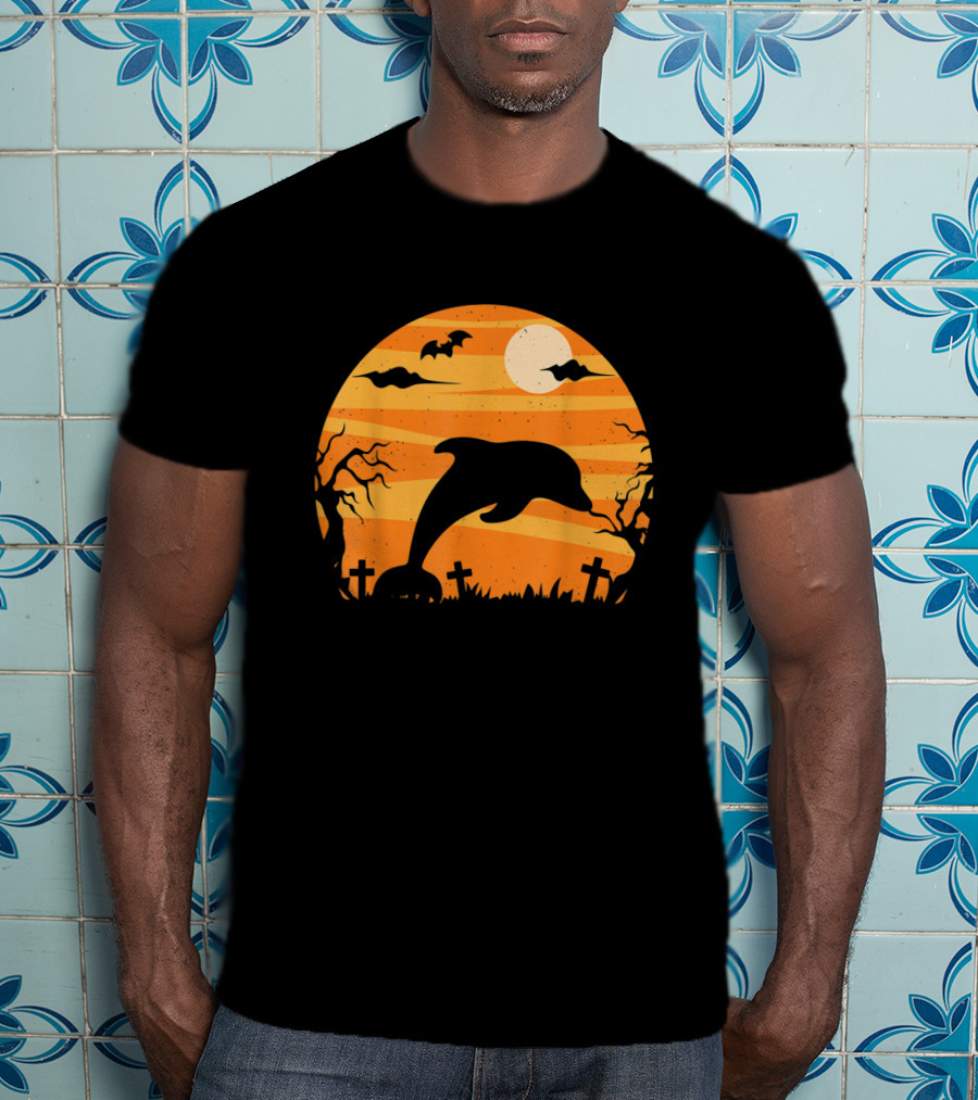 Dolphin Halloween Moon Graveyard Scene With Bats And Trees T-Shirt