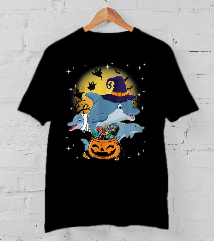 Dolphin Witch And Mummy With Pumpkin Candy Under Halloween Moon With Ghosts T-Shirt