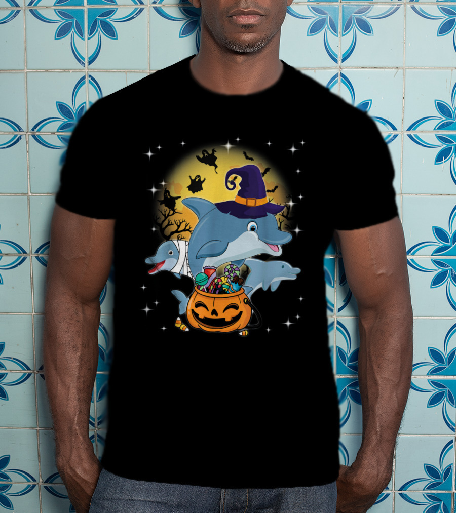 Dolphin Witch And Mummy With Pumpkin Candy Under Halloween Moon With Ghosts T-Shirt