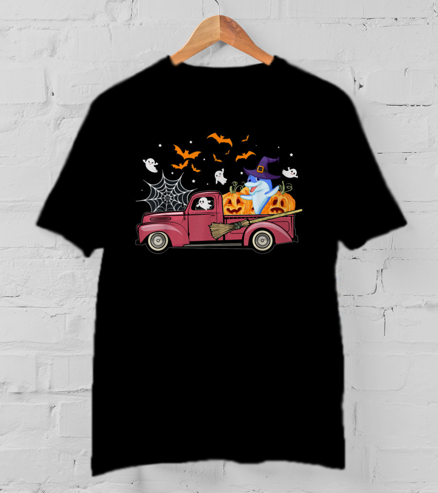 Halloween Ghost Dolphin Riding Red Truck With Pumpkins And Witch Hat T-Shirt