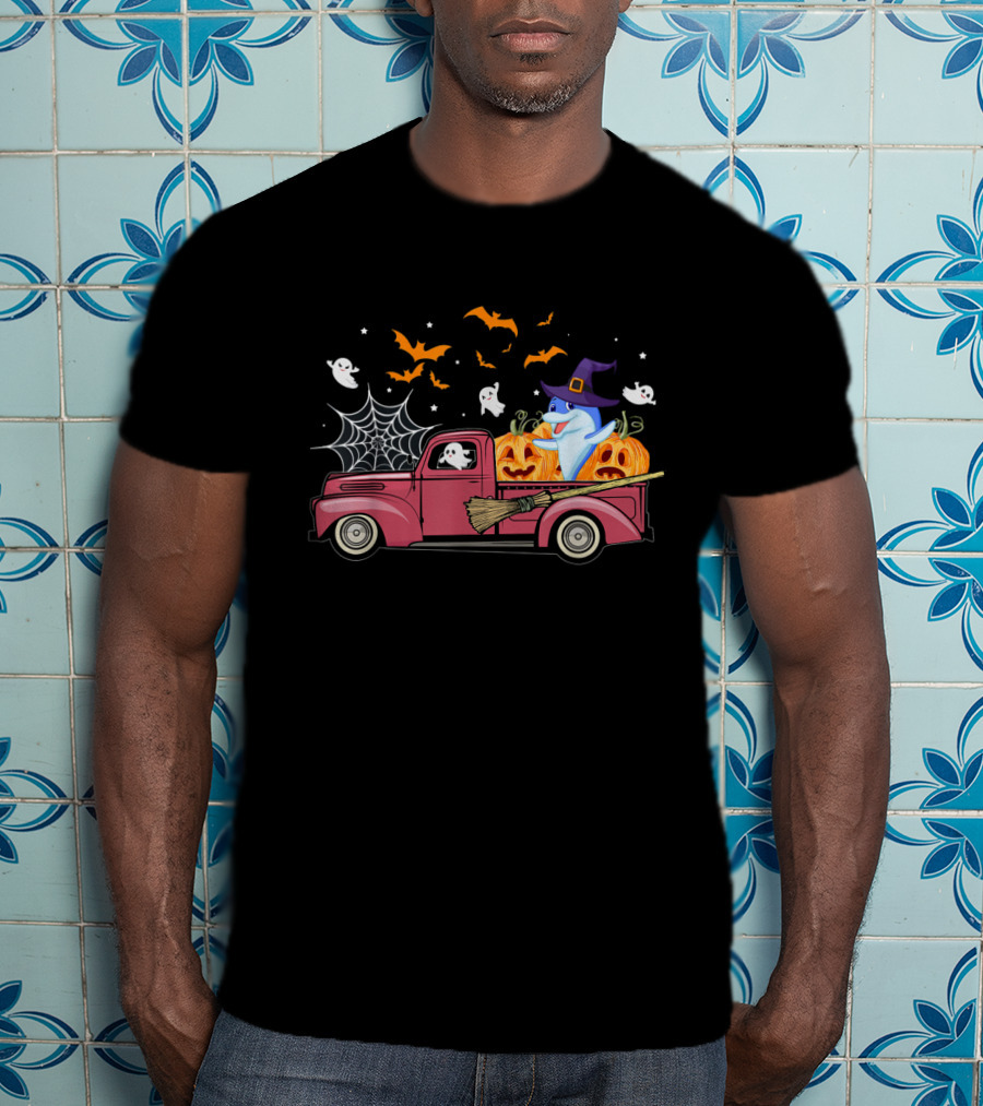 Halloween Ghost Dolphin Riding Red Truck With Pumpkins And Witch Hat T-Shirt