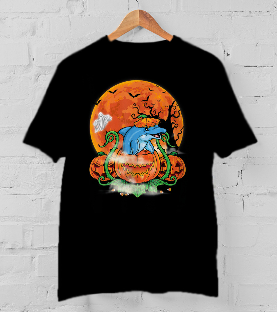 Dolphin Inside Pumpkin With Halloween Moon And Ghost T-Shirt