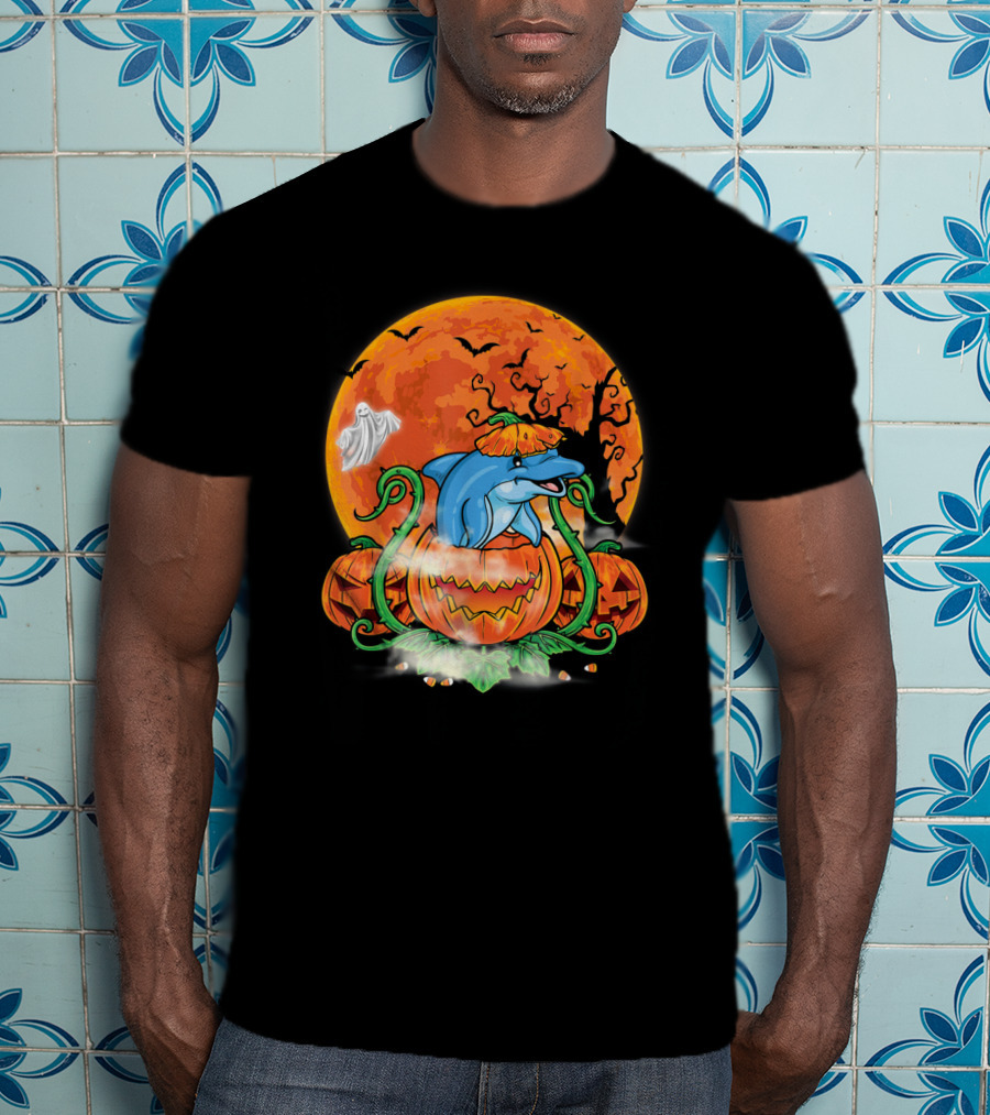 Dolphin Inside Pumpkin With Halloween Moon And Ghost T-Shirt
