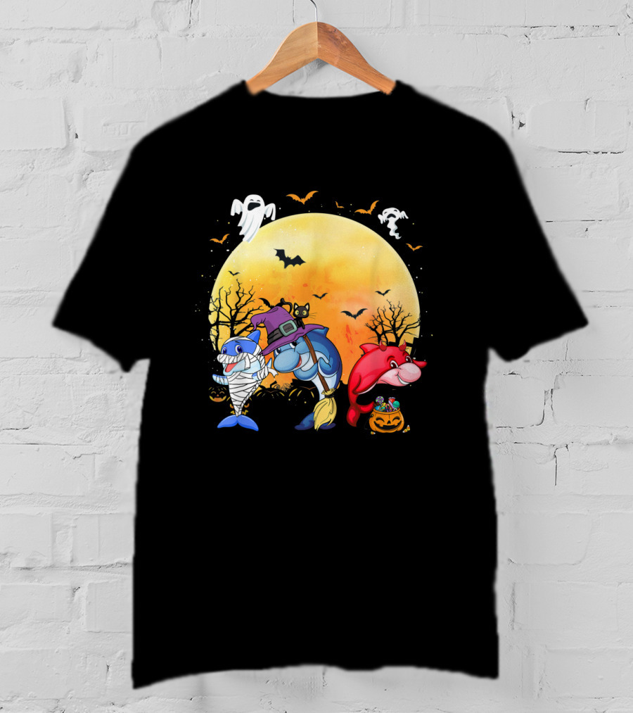 Halloween Dolphins: Mummy, Witch, And Devil With Ghosts And Bats T-Shirt