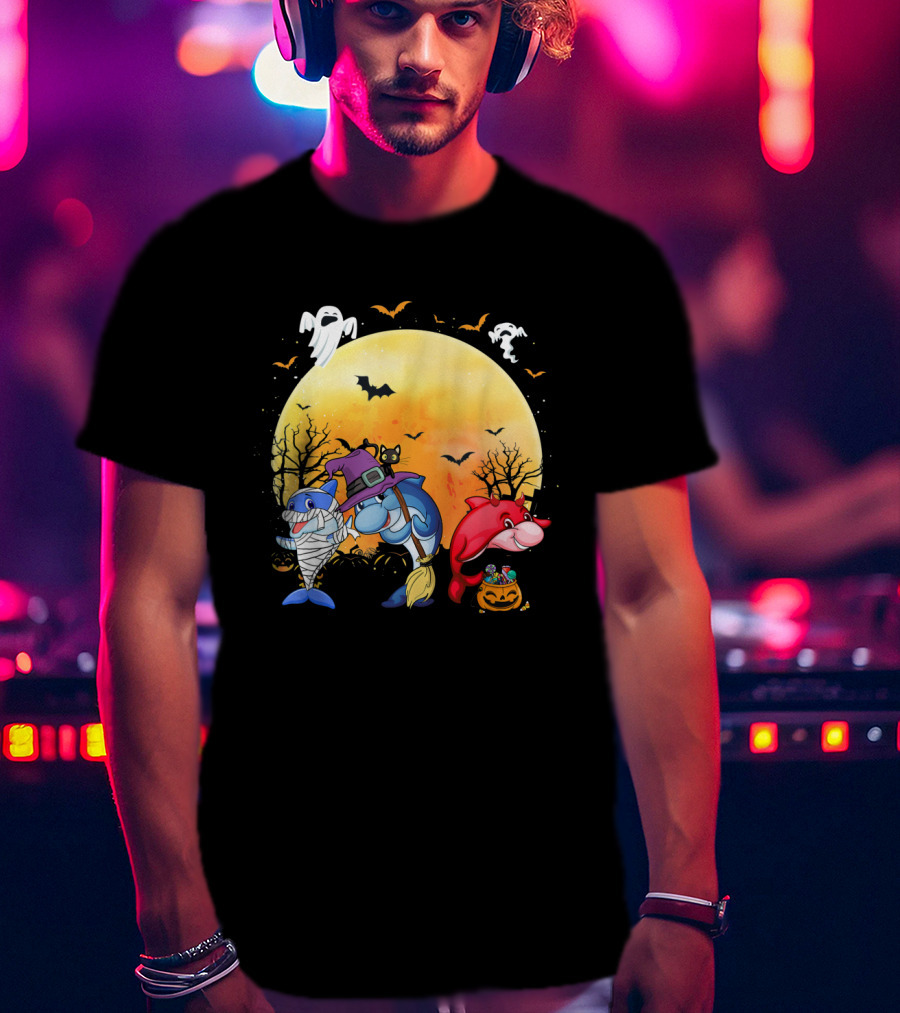 Halloween Dolphins: Mummy, Witch, And Devil With Ghosts And Bats T-Shirt