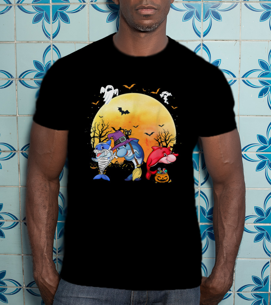 Halloween Dolphins: Mummy, Witch, And Devil With Ghosts And Bats T-Shirt