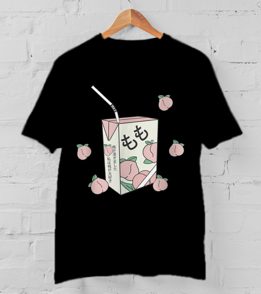 90s Japanese Aesthetic Otaku Anime Peach Juice Box With Kanji And Pastel Peaches T-Shirt