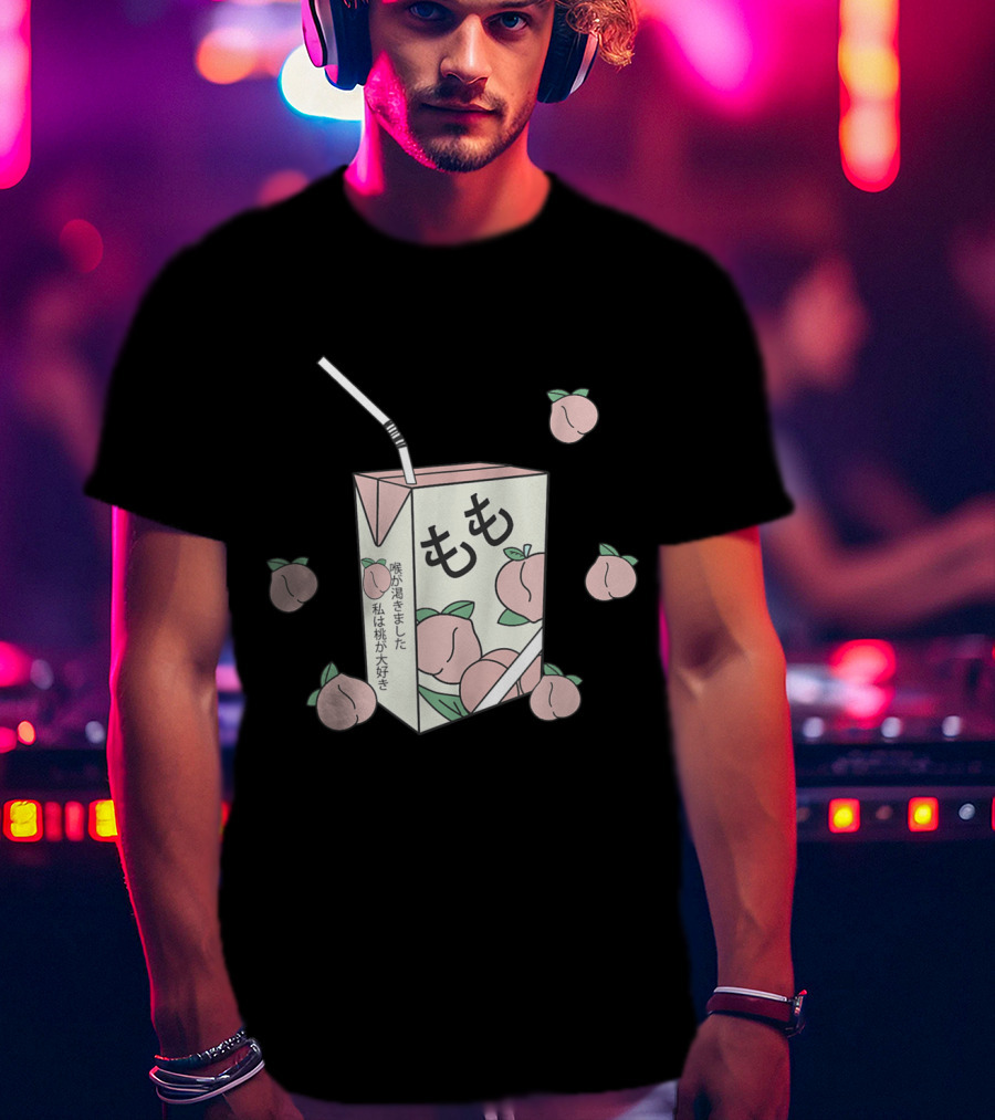 90s Japanese Aesthetic Otaku Anime Peach Juice Box With Kanji And Pastel Peaches T-Shirt