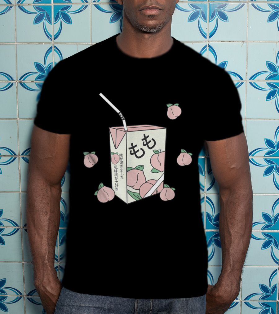 90s Japanese Aesthetic Otaku Anime Peach Juice Box With Kanji And Pastel Peaches T-Shirt