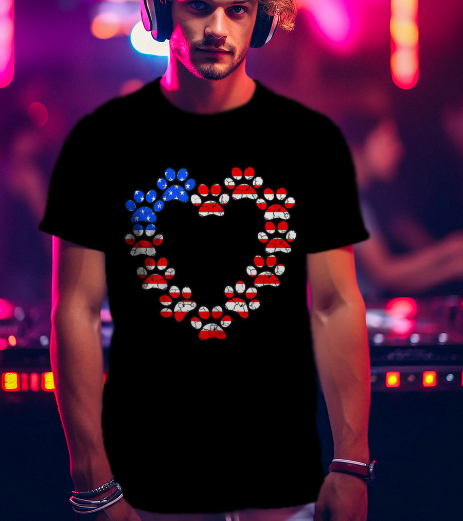 USA Flag Cat Dog Paw Prints Heart Animal Lover Patriotic Emblem T-Shirt