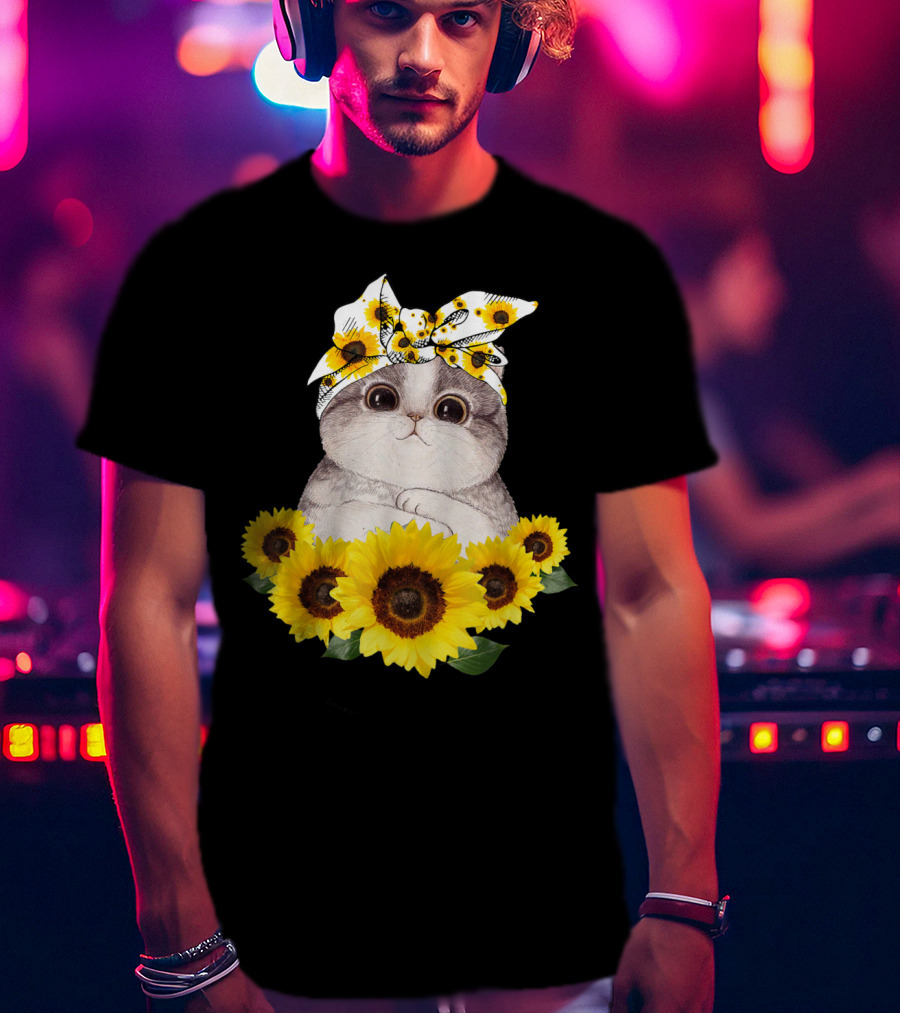 Sunflower Cat Headband Adorable Cats Lovers T-Shirt