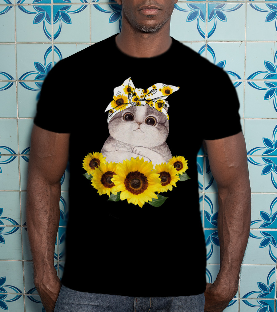 Sunflower Cat Headband Adorable Cats Lovers T-Shirt