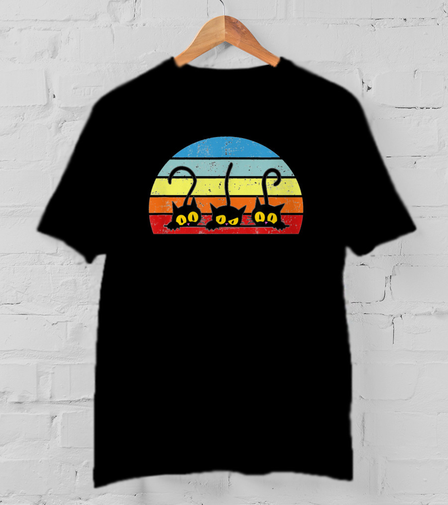 Three Playful Kitties Retro Striped Sunset Background T-Shirt