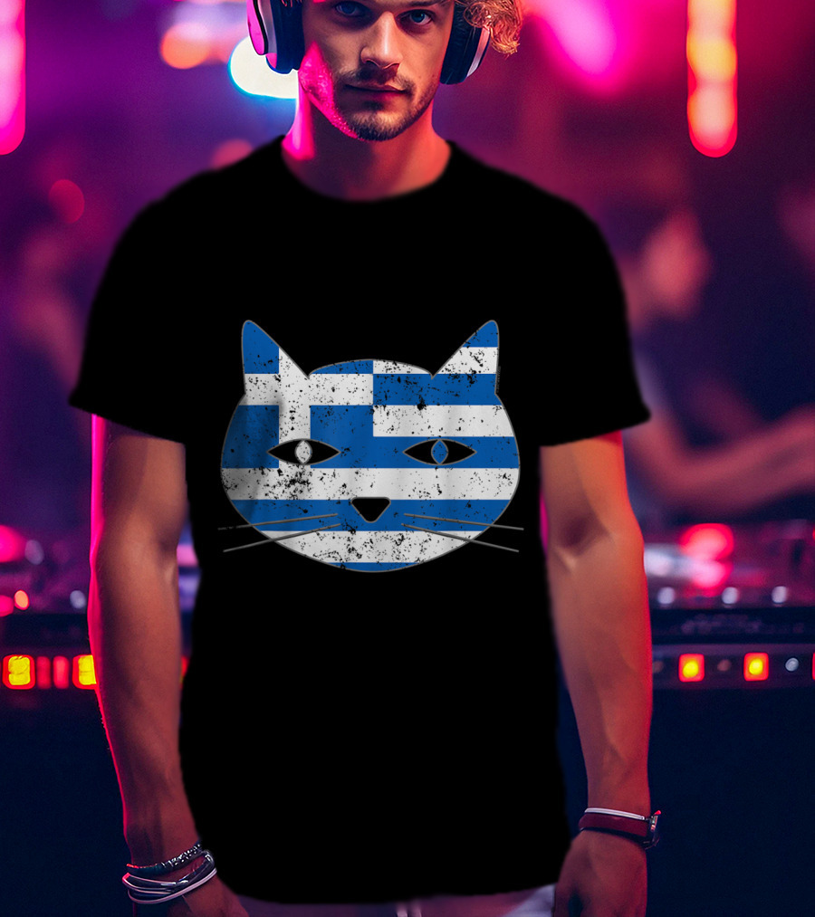 Greek Flag Cat Head Design For Cat Lovers T-Shirt