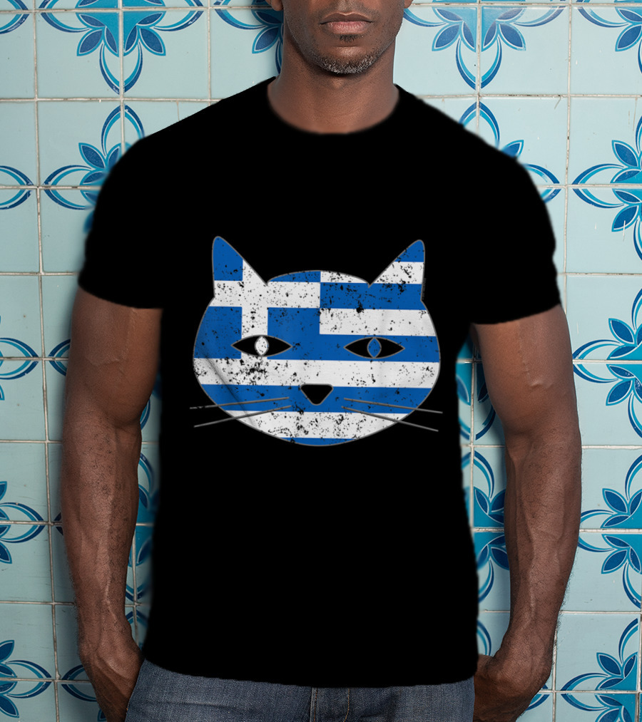Greek Flag Cat Head Design For Cat Lovers T-Shirt
