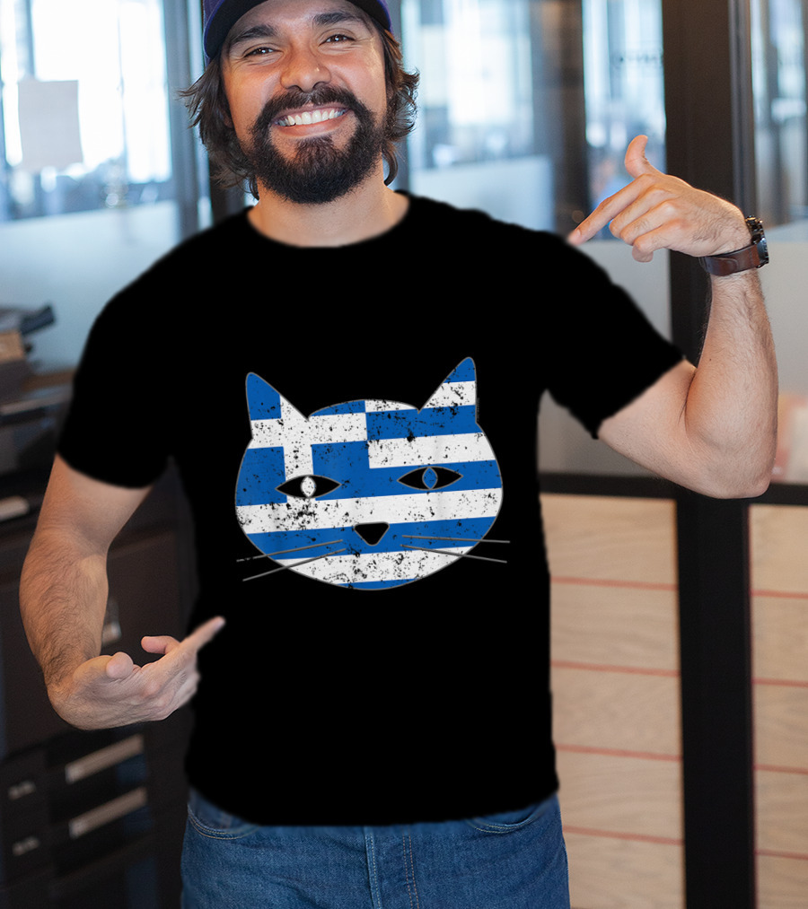 Greek Flag Cat Head Design For Cat Lovers T-Shirt