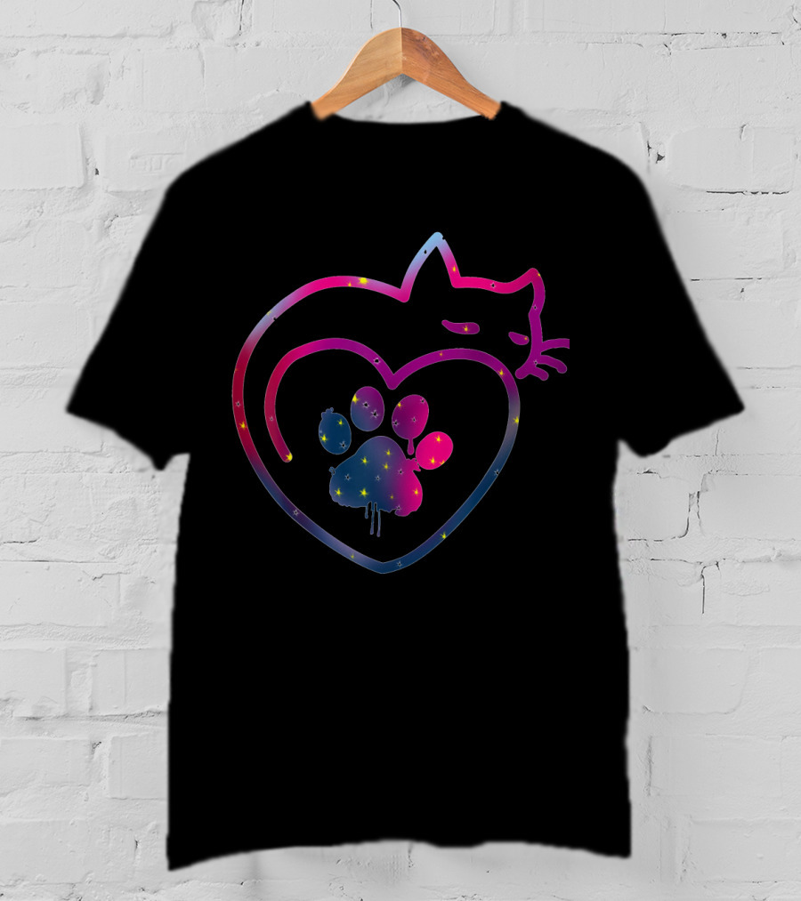 Cute Colorful Cat And Paw Heart Design For Kitty Lovers T-Shirt