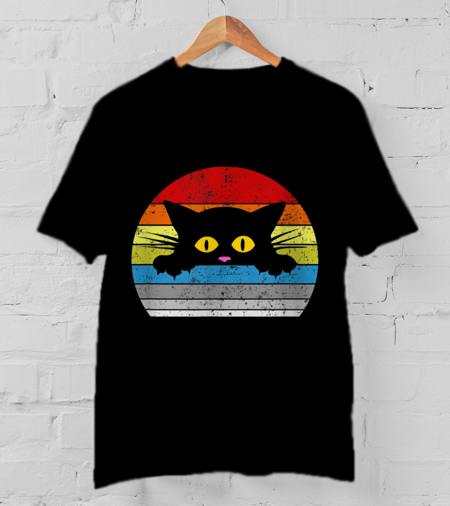 Vintage Rainbow Cat Peeking Retro 80s Style For Cat Lovers T-Shirt