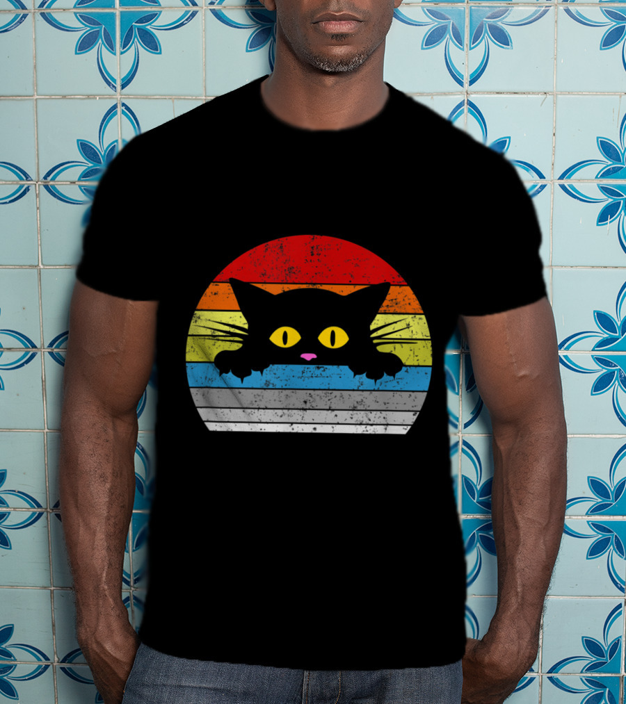 Vintage Rainbow Cat Peeking Retro 80s Style For Cat Lovers T-Shirt