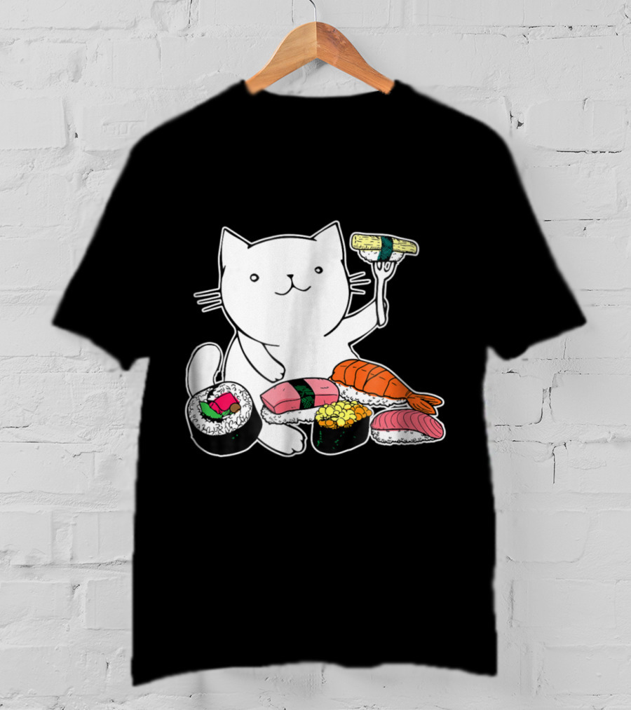 Playful Cat Enjoying Colorful Sushi Plate T-Shirt