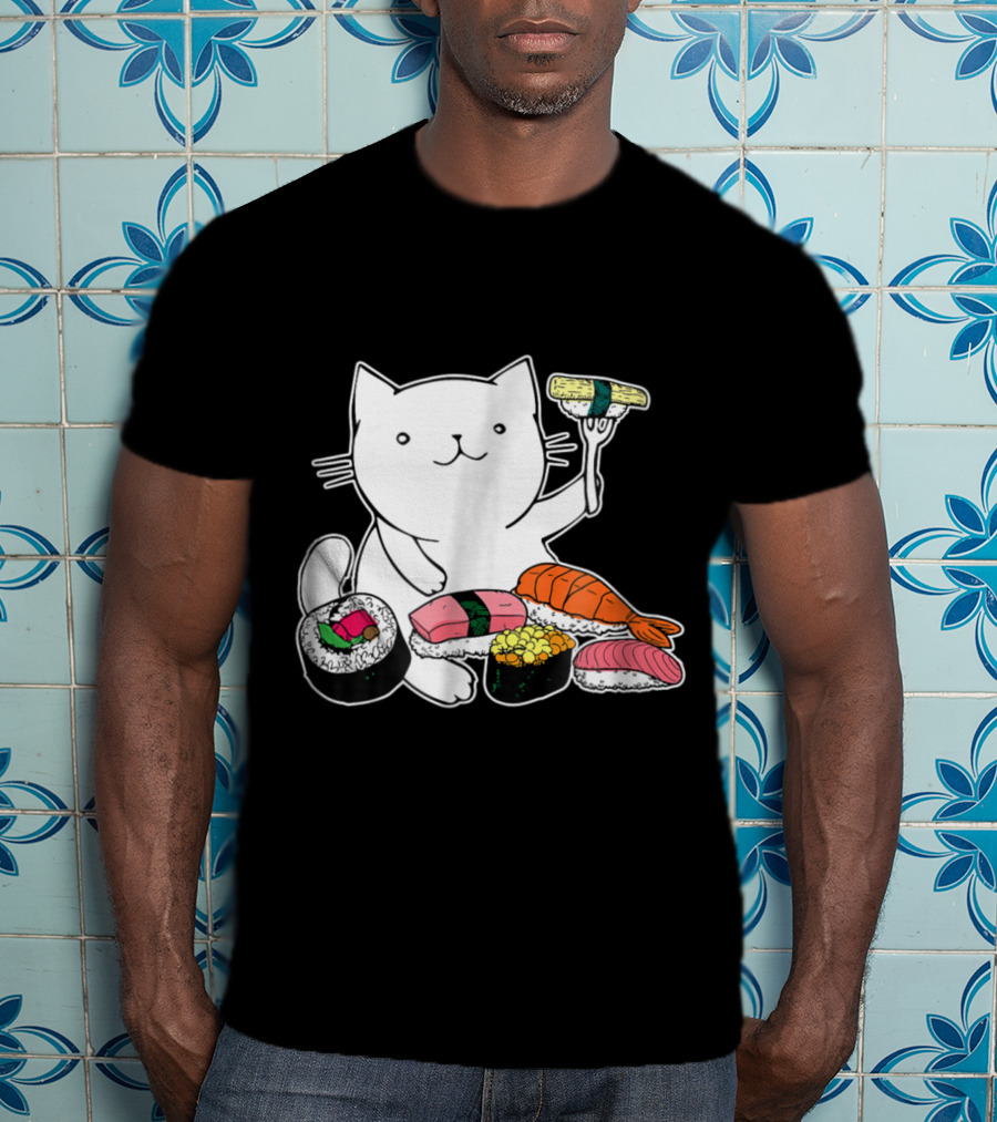 Playful Cat Enjoying Colorful Sushi Plate T-Shirt